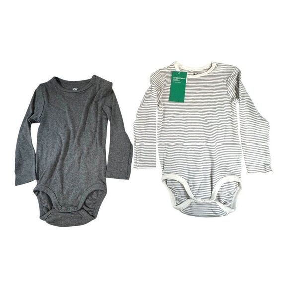 H&M Basic Organic Cotton Baby Bodysuit Set Of 2 Long Sleeve 12-18M Gray & White - Picture 1 of 8